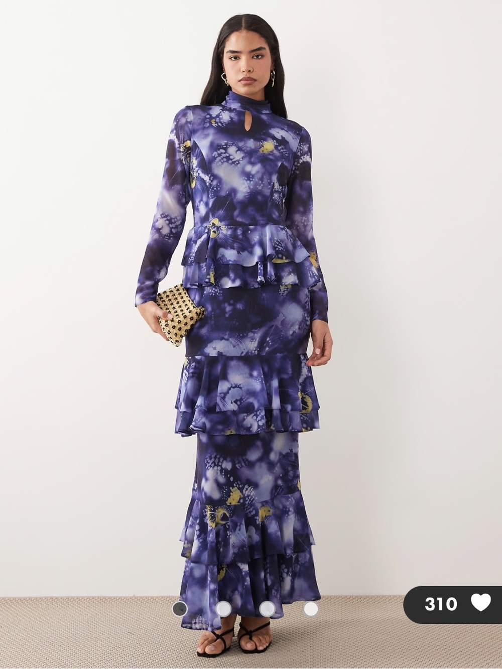 Daska chiffon high neck keyhole tiered frill maxi dress Small Purple abstract